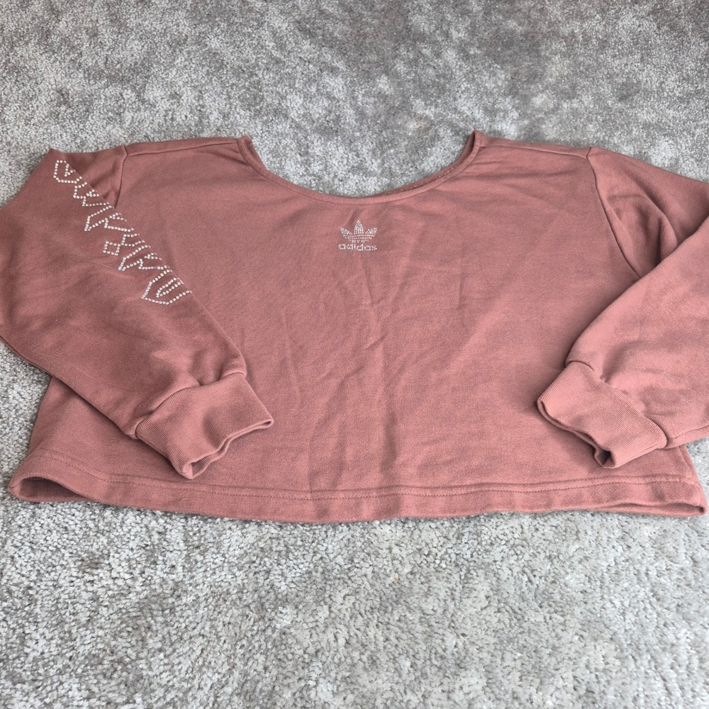 Adidas Originals Womens M Dusty Rose Rhinestone Trefoil Cropped Sweatshirt Mauve